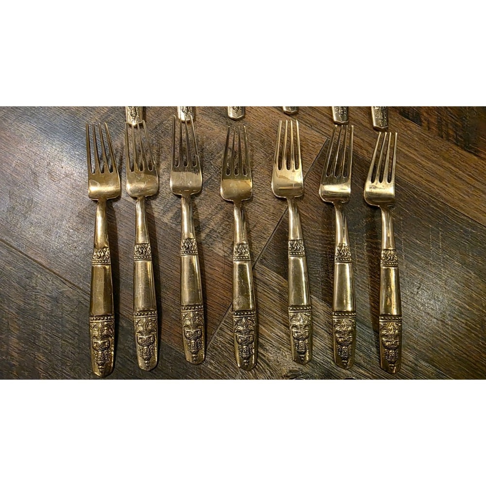 Vintage Thai Bronze Flatware Set Cutlery Brass Siam Buddha Spoons Forks 25 Piece - Picture 4 of 16